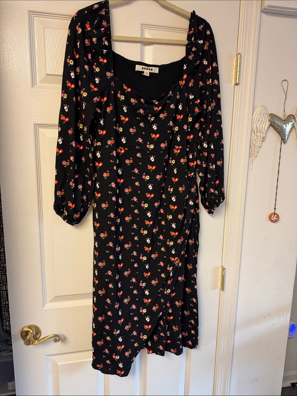 Boden Black Floral off the shoulder Midi Dress with Red and Pink Blooms 20